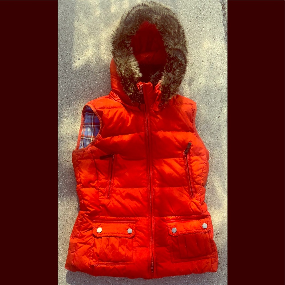 METRO QUILTED DOWN/PUFFER ORANGE HOOD VEST SZ XS